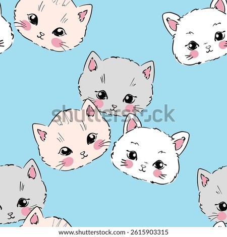 Hand Drawn Cute Cat seamless pattern vector illustration Kids print