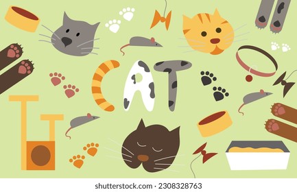 Hand drawn cute cat set. International cats day. Stock vector illustration.