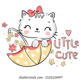 Hand drawn Cute Cat sitting in an umbrella and flowers on an isolated white background kids print