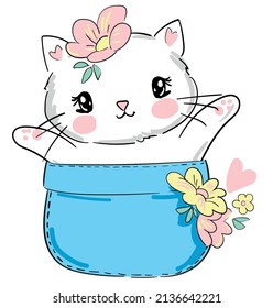 Hand drawn cute cat sitting in a pocket with flowers vector illustration childish design print for baby textiles and poster
