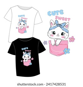 Handgezeichnete Cute Cat sitzend in einer Tasche Vektorgrafik, Print Design, Kinder bedrucken auf T-Shirt.