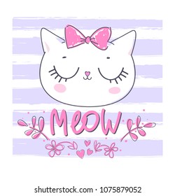 Hand Drawn Cute Cat sketch vector illustration. Print Design for T-shirt