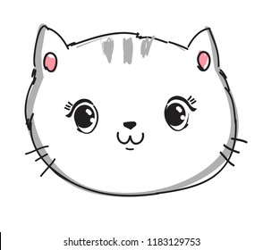 Hand Drawn Cute Cat sketch vector illustration, print design cat, children print on t-shirt girl.