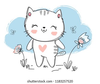 Hand Drawn Cute Cat sketch vector illustration, print design cat, children print on t-shirt girl.
