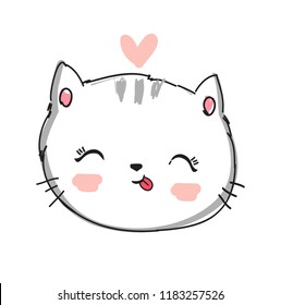Hand Drawn Cute Cat sketch vector illustration, print design cat, children print on t-shirt girl.