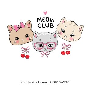 Hand Drawn cute cat sketch vector illustration, Kids Print design, children trend print on t-shirt