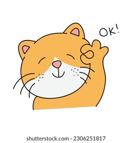 Hand Drawn Cute Cat Sticker Isolated On White Background. Cute Orange Cat Illustration. Cute Cat Kitty, kitten, kawaii, chibi style, emoji, character, sticker, emoticon, smile, emotion, mascot.