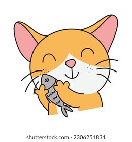 Hand Drawn Cute Cat Sticker Isolated On White Background. Cute Orange Cat Illustration. Cute Cat Kitty, kitten, kawaii, chibi style, emoji, character, sticker, emoticon, smile, emotion, mascot.