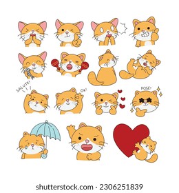 handgezeichneter Cute-Sticker einzeln auf weißem Hintergrund. Cute Orange Cat Illustration. Cute Cat Kitty, Kitten, Kawaii, Chibi Stil, Emoji, Charakter, Aufkleber, Emoticon, Lächeln, Emotion, Maskottchen.