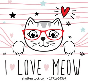 Hand drawn cute cat in stripe, vector illustration