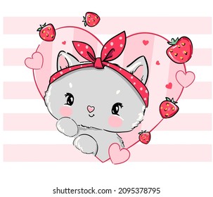 Dibujo de gatos y fresas dulces con tracción manual, vector de diseño de impresión para niños