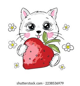 Hand Drawn Cute Cat and sweet strawberry illustration vector, kids print design sketch