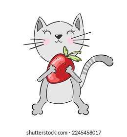 Hand Drawn Cute Cat and sweet strawberry illustration vector, kids print design sketch