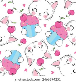 Hand drawn cute cat and sweet cake pattern seamless vector illustration, Cute backround  