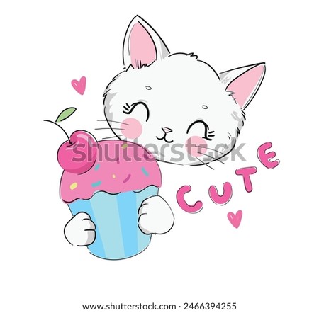 Hand drawn cute cat and sweet cake vector illustration, Cute Kids Print