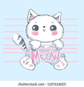 Hand Drawn Cute Cat Vector illustration. Children print on t-shirt 