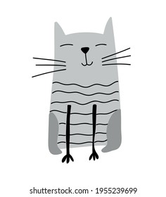 Hand drawn Cute Cat. Vector Scandinavian Design. illustration isolated on a white background. Design element of t-shirt, home textiles, wrapping paper, children textiles.