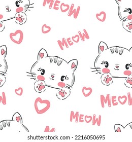Hand Drawn cute cat vector illustration seamless pattern, children print design, sketch cat and Meow