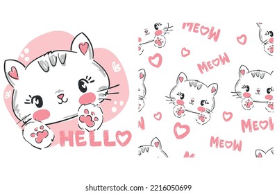 Hand Drawn cute cat vector illustration seamless pattern, children print design, sketch cat and Meow