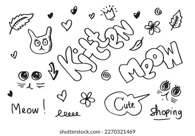 Hand drawn cute cat. Vector illustration of animal with adorable kitten. 
