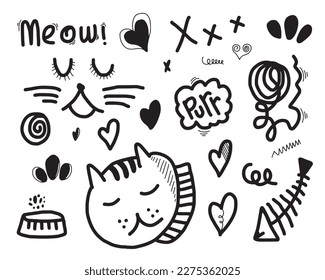 Hand drawn cute cat. Vector illustration of animal with adorable kitten. 