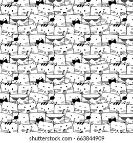 Hand Drawn Cute Cat Vector Pattern. Doodle art.