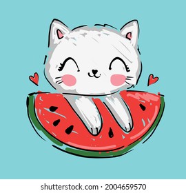 Hand Drawn cute cat and watermelon summer childrens print vector illustration for printing, Sketch kitten