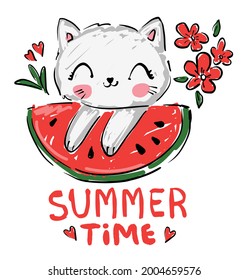 Hand Drawn cute cat and watermelon summer childrens print vector illustration for printing, Sketch kitten