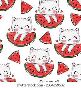 Hand Drawn cute cat and watermelon Seamless pattern summer childrens print vector illustration for printing, Sketch kitten