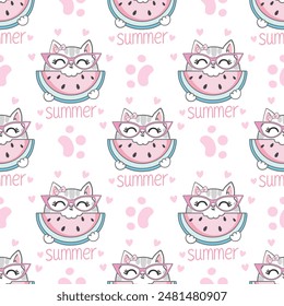 Hand Drawn cute cat and watermelon Seamless pattern summer childrens print vector illustration for printing, Sketch kitten