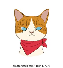 Hand drawn cute cat wearing a red scarf, Isolated on white background. Character design. Vector illustration, Cartoon doodle style.