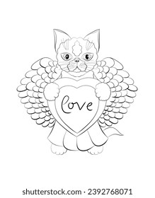 Hand drawn cute cat with wings and heart, outline drawing for Valentine's day and coloring.