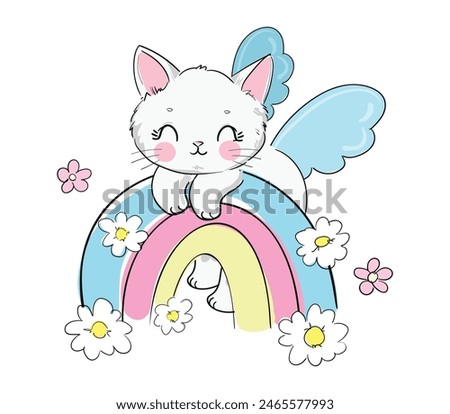 Hand drawn Cute cat with wings and rainbow and flowers vector illustration. Magic Kids print and poster