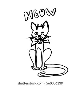 Hand drawn cute  cat . Hand written word Meow. Sketch 