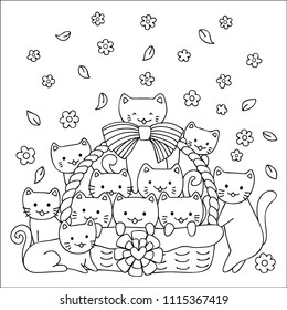 Hand drawn cute cats in basket, for wall decoration, printed tee,cards and coloring book for kids. Vector illustrations