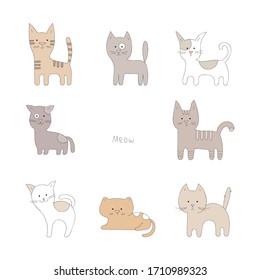 Colección de gatos lindos dibujada a mano al estilo de las caricaturas.