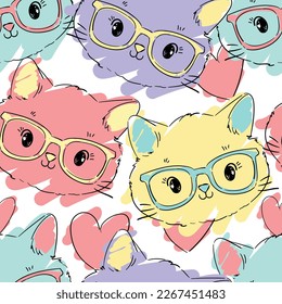 Gatos lindos dibujados a mano con gafas ilustraciones vectoriales coloridas patrón sin fisuras