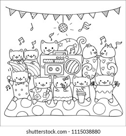 Hand drawn cute cats in the party with friends and tape player, design for wall decor, printed tee,cards and coloring book page for kids or teen. Vector illustrations