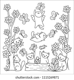 Hand drawn cute cats playing with butterflies in nature, design for wallpaper art,printed tee and coloring book page. Vector illustrations