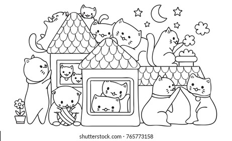 Hand drawn cute cats playing in the house at night, for design element and coloring book page.Vector illustration