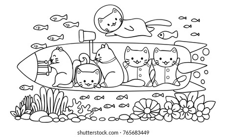 Hand drawn cute cats surveying under water world in submarine, for design element and coloring book page for kids.Vector illustration