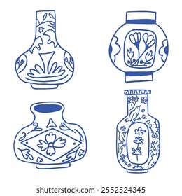 Jarrón de cerámica lindo dibujado a mano con ilustración de patrón floral
