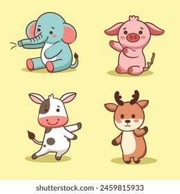 hand drawn cute character animal set collection elephant, pig, cow and deer for elements 