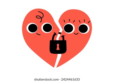 Hand drawn cute character illustration two halves of heart locked together. Fall in love feeling in doodle style. Couple on date. Valentine's Day holiday romantic mascot sticker, icon. Isolated.
