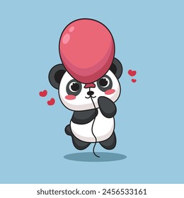 hand drawn cute character panda with ballon for birthday elements and clipart