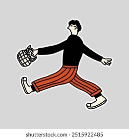 hand drawn cute character person carrying a vegetable basket illustration