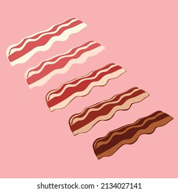 Hand drawn cute chart illustration vector; 5 levels of cooked bacon doneness isolated on light pink background. 