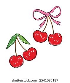 Hand drawn Cute Cherry with Bow Vector for Fashionable Prints, Trend Design