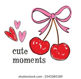 Hand drawn Cute Cherry with Bow Vector for Fashionable Prints, Trend Design