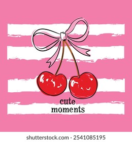 Hand drawn Cute Cherry with Bow Vector for Fashionable Prints, Trend Design
